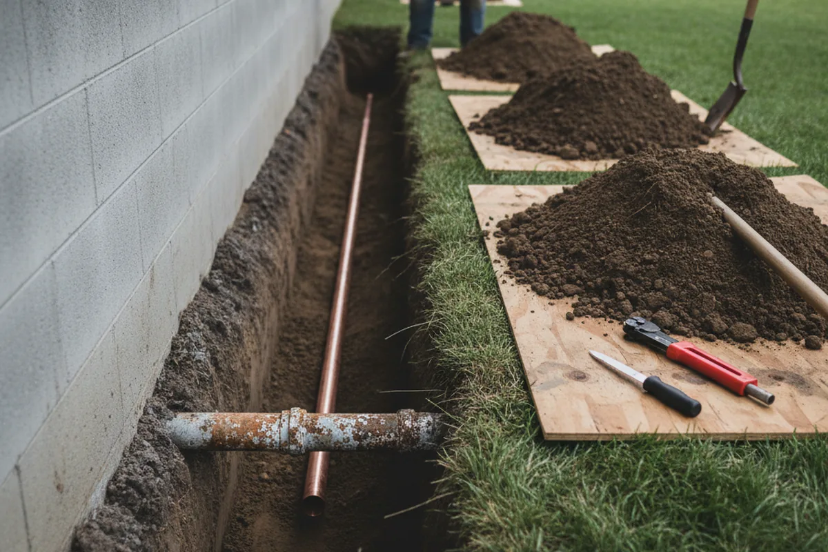Excavated water line trench during Water Softener Installation in Encino